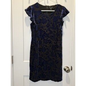Adrienne Vittadini Mini Dress Black with Blue Velvet Burnout Pattern Size Small